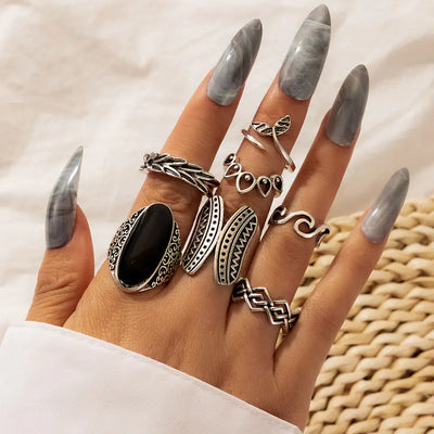 Black Oil Dripping Fishtail Geometric Ring Set