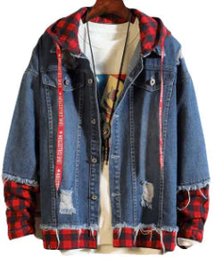 Autumn New Style Plaid Hooded Denim Jacket for Men