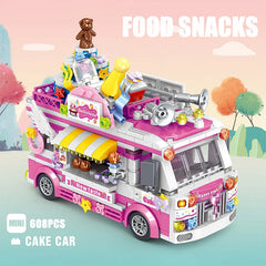 City Friends Ice Cream Truck Street View Dining Car Mini Building Blocks Food Snacks Shop Bricks Toys For Children Girls