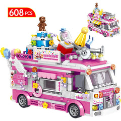 City Friends Ice Cream Truck Street View Dining Car Mini Building Blocks Food Snacks Shop Bricks Toys For Children Girls