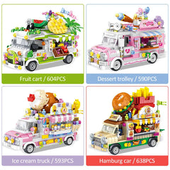 City Friends Ice Cream Truck Street View Dining Car Mini Building Blocks Food Snacks Shop Bricks Toys For Children Girls