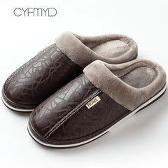 Men's Slippers Home Winter Indoor Warm Shoes Thick Bottom Plush  Waterproof Leather House Slippers Man Cotton Shoes 2022 New