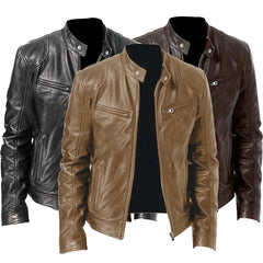 Men Leather Jacket Plus Size Black Brown Mens Stand Collar Coats Leather Biker Jackets  Motorcycle Leather Jacket（Faux Leather）