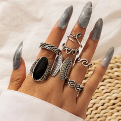 Black Oil Dripping Fishtail Geometric Ring Set