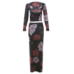 Women's Fashion Printed Square Collar Long Sleeve High Waist Skirt Suit