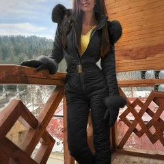 Outdoor Jumpsuit Zipper Skiing Hooded Women Warm Winter Faux Fur Collar Fleece Jumpsuit