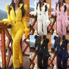 Outdoor Jumpsuit Zipper Skiing Hooded Women Warm Winter Faux Fur Collar Fleece Jumpsuit