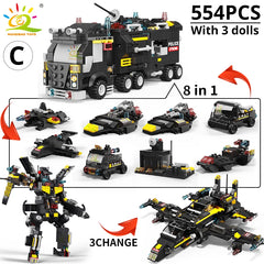 HUIQIBAO SWAT Police Station Truck Model Building Blocks City Machine Helicopter Car Figures Bricks Educational Toy For Children