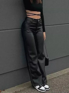 High Waist Sexy PU Leather pants Women Fashion Y2K Streetwear Vintage Aesthetics Casual Pants Baggy Wide Leg Straight Trousers