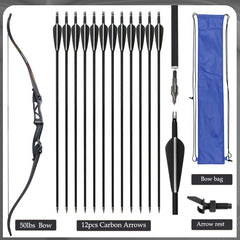 Toparchery 56" 30-50lbs Archery Takedown Recurve Bow 12pcs 31.5" 7.8mm Mixed Carbon Arrow Metal Riser Hunting Shooting Bow Black