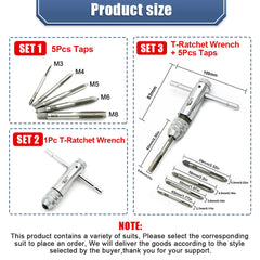 Adjustable Silver T-Handle Ratchet Tap Holder Wrench Set Hand Tools with 5pc M3-M8 Machine Screw Thread Metric Plug T-shaped Tap