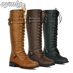 Women Knee high Boots Autumn Winter Lace Up Flat Shoes Sexy Steampunk PU Retro Buckle women shoes Ladies Snow Boots