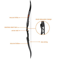 Toparchery 56" 30-50lbs Archery Takedown Recurve Bow 12pcs 31.5" 7.8mm Mixed Carbon Arrow Metal Riser Hunting Shooting Bow Black