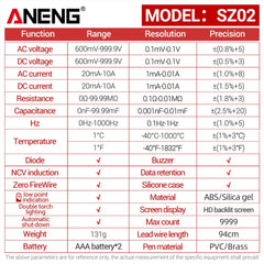 ANENG SZ02 Smart Digital Multimeter 9999 Counts True RMS Auto Electrical Capacitance Meter Temp Resistance Transistor Testers