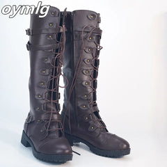 Women Knee high Boots Autumn Winter Lace Up Flat Shoes Sexy Steampunk PU Retro Buckle women shoes Ladies Snow Boots