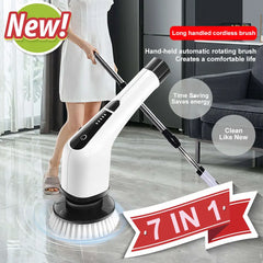 7 In 1 Electric Cleaning Turbo Scrub Brush Multifunctional Long Handle Cordless Spin Scrubber Cleaning Brush Bathroom Accessorie