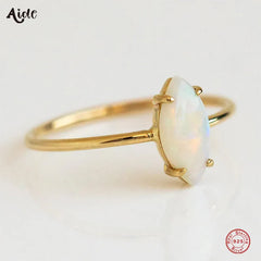 Aide White Opal 925 Sterling Silver Rings For Women Simple Minimalist 18K Gold Rings Wedding Party Engagement Gifts Hot Sale