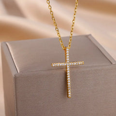 Zircon Cross Pendant Necklace for Women Gold Plated Stainless Steel Collar Necklaces 2023 Trend Christmas Jewelry free shipping