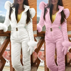 Outdoor Jumpsuit Zipper Skiing Hooded Women Warm Winter Faux Fur Collar Fleece Jumpsuit