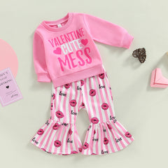 ma&baby 6M-4Y Valentine's Day Kid Toddler Girl Clothes Set Letter T-shirt  Heart Lips Print Flare Pants Fall Spring Outfits D01