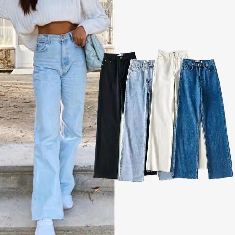 High Waisted Raw Edge Wide Leg Denim Trousers