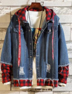 Autumn New Style Plaid Hooded Denim Jacket for Men