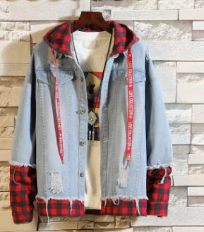 Autumn New Style Plaid Hooded Denim Jacket for Men