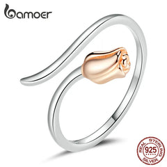 bamoer Adjustable Rose Finger Rins 925 Sterling Silver Vintage Plated Platinum Ring for Women Romantic Valentine's Day Gift