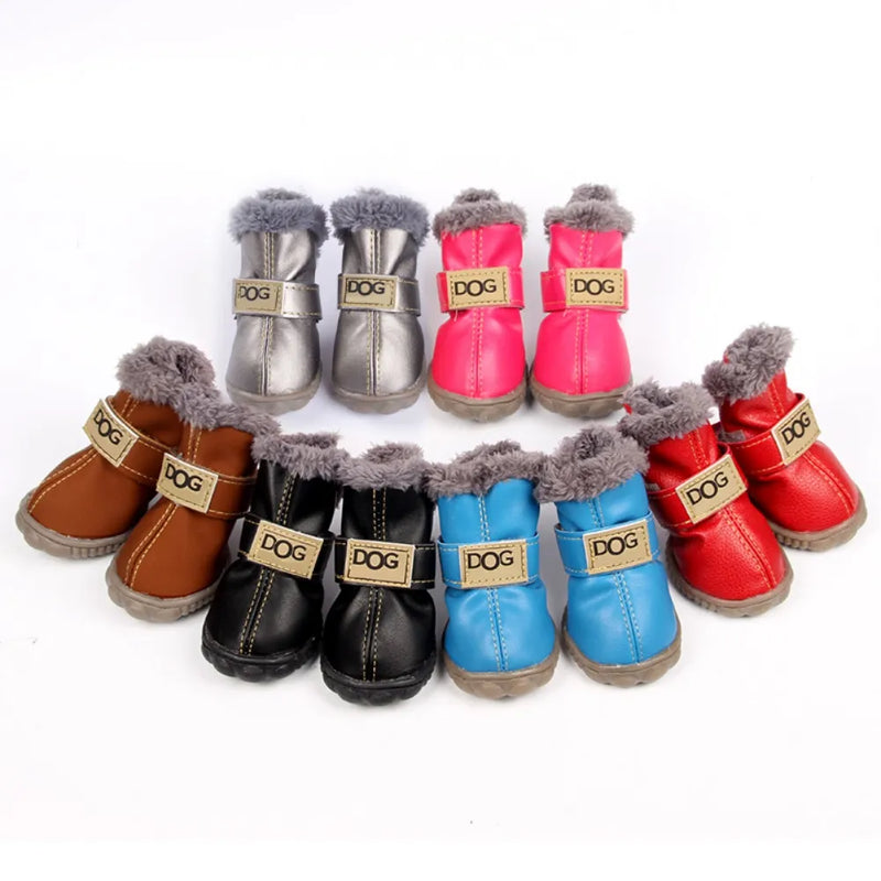 4 Pcs/set Winter Pet Dog Shoes for Small Dogs Cats Fleece Super Warm PU Dog Snow Boots Waterproof Puppy Chihuahua Teddy Shoes