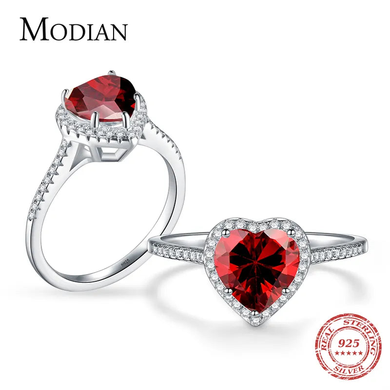 Modian 100% Real 925 Sterling Silver Red Heart Ring 5A CZ Zirconia Wedding Jewelry brand Engagement Hearts Rings for Women Gift