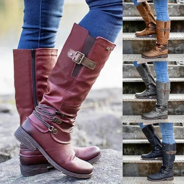 Women's Vintage Leather Zipper High Snow Boots Long Knight Boot Square Heel Knee High Boot Winter Female Shoes