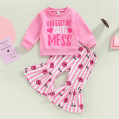 ma&baby 6M-4Y Valentine's Day Kid Toddler Girl Clothes Set Letter T-shirt  Heart Lips Print Flare Pants Fall Spring Outfits D01