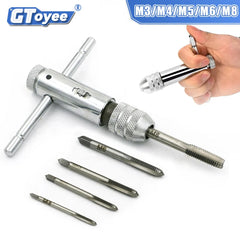 Adjustable Silver T-Handle Ratchet Tap Holder Wrench Set Hand Tools with 5pc M3-M8 Machine Screw Thread Metric Plug T-shaped Tap