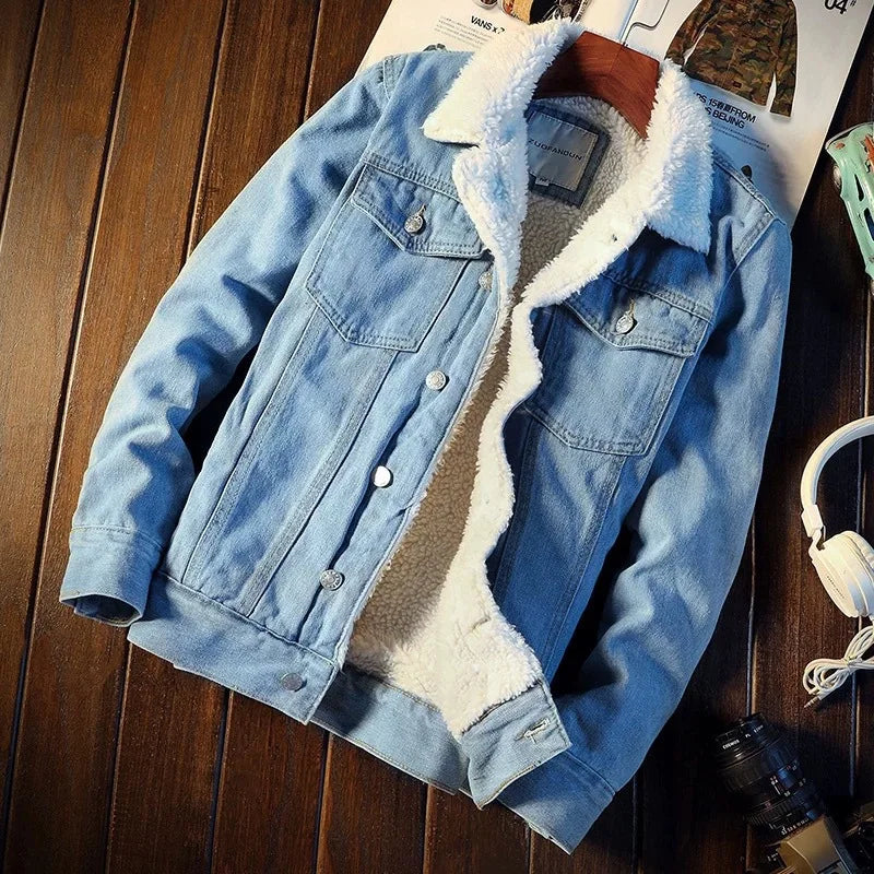 Thickened Denim Winter Jacket with Lamb Fleece Lining - Men's Winter Coat