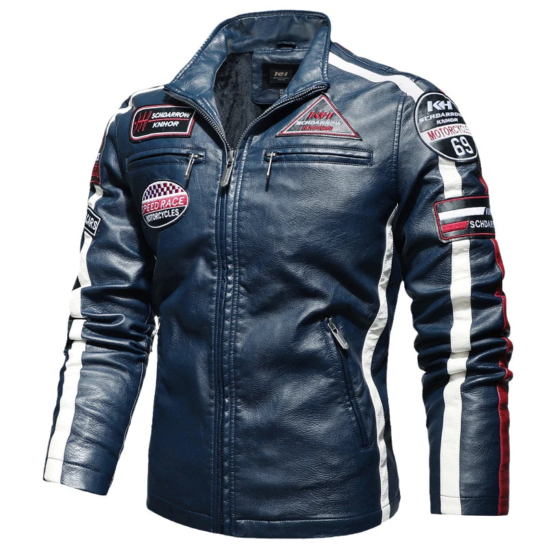 New Motorcycle Jacket Men Winter Mens Casual Embroidered Bomber Coat Fleece Pu Vintage Overcoat Biker Leather Jackets EU Size