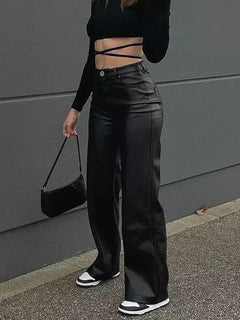 High Waist Sexy PU Leather pants Women Fashion Y2K Streetwear Vintage Aesthetics Casual Pants Baggy Wide Leg Straight Trousers