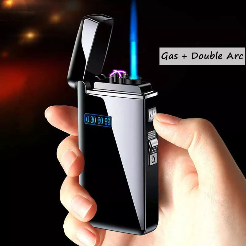 Metal Outdoor Windproof Dual Arc Plasma USB Lighter Blue Flame Turbo Torch Butane Gas Cigar Lighter Battery Display Men's Gadget