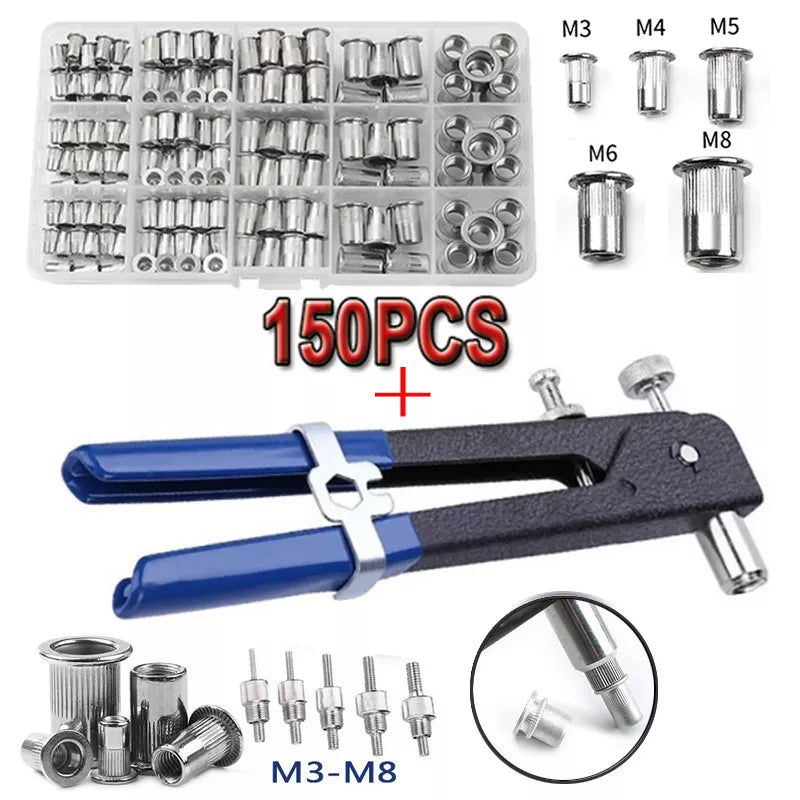 150PCS Mandrel Rivet Nut Gun M3 M4 M5 M6 M8 Thread Insert Stainless Steel Rivet Nut with Threaded Retainer Tools Clamping Lever